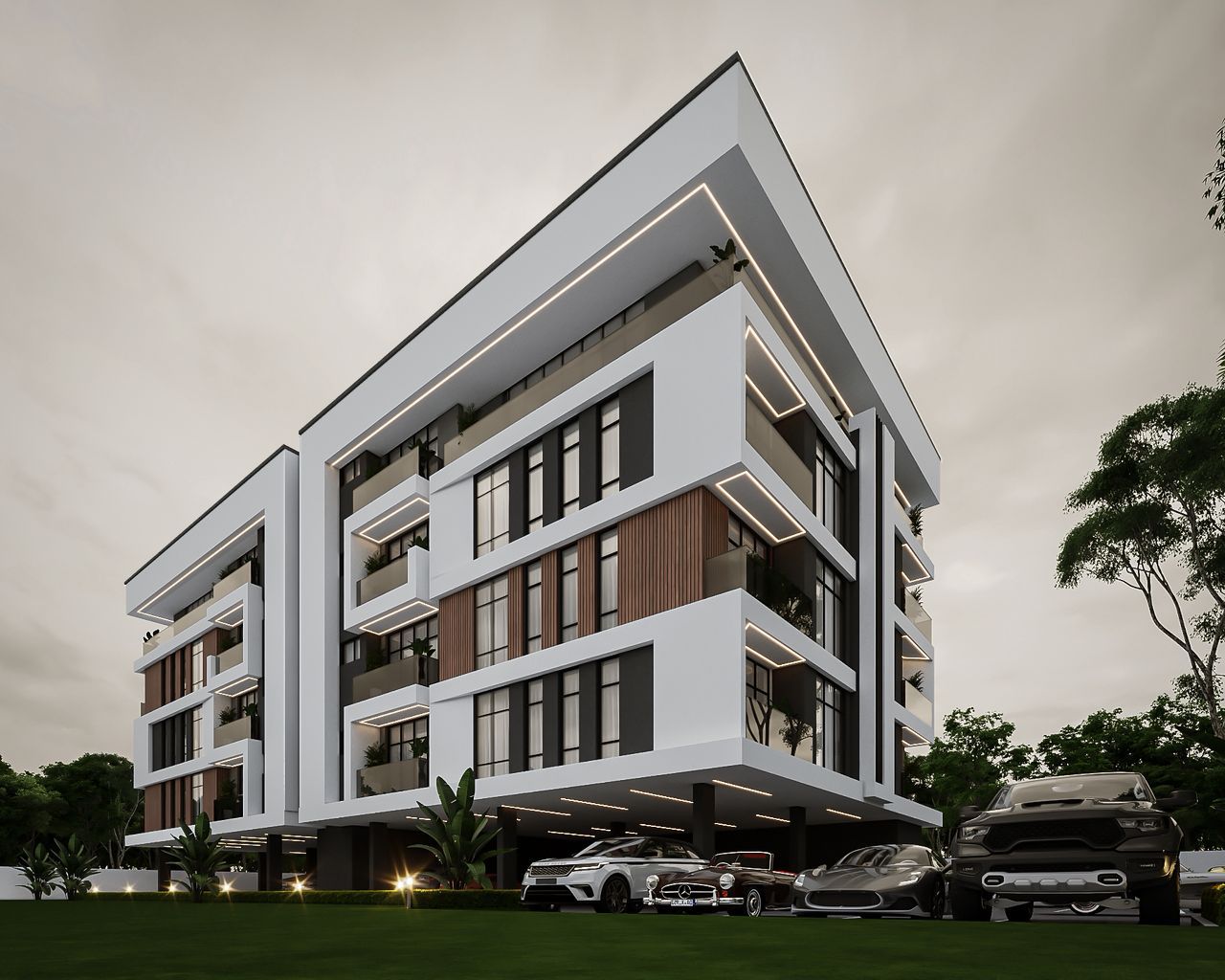 Aurora Signature II — three-quarter view of the residence at dusk